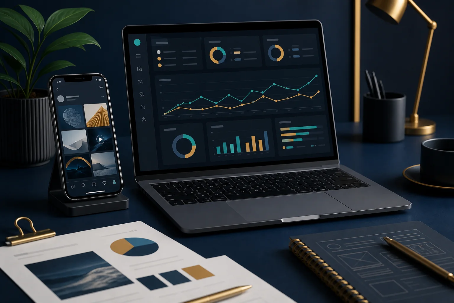 Digital marketing workspace with campaign analytics displayed on a laptop and social content on a smartphone